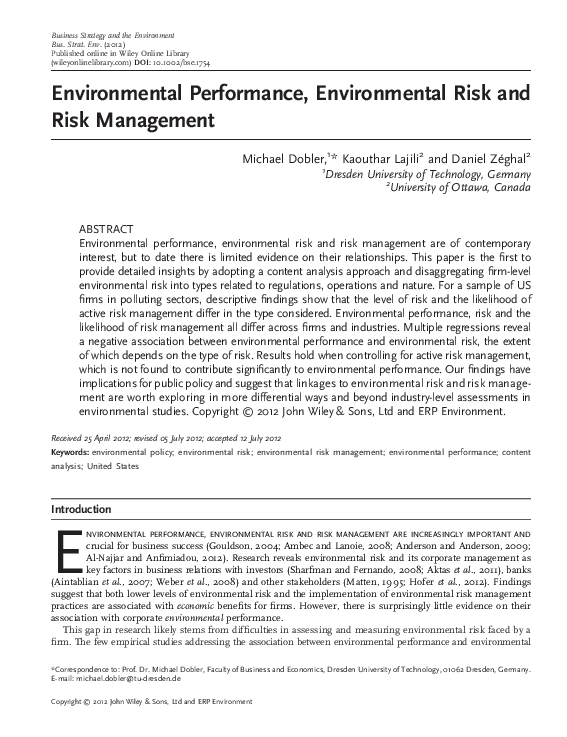 (PDF) Environmental Performance, Environmental Risk and Risk Management