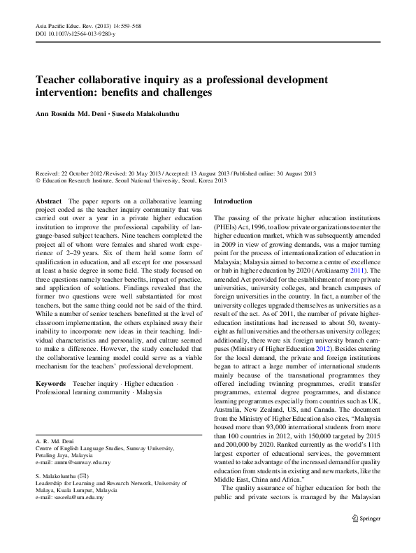 (PDF) Teacher collaborative inquiry as a professional development ...