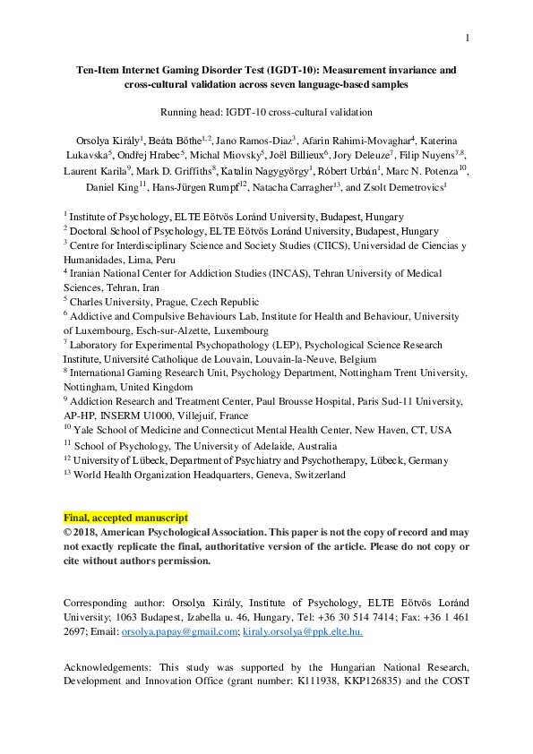 PDF) Ten-Item Internet Gaming Disorder Test (IGDT-10): Measurement 
