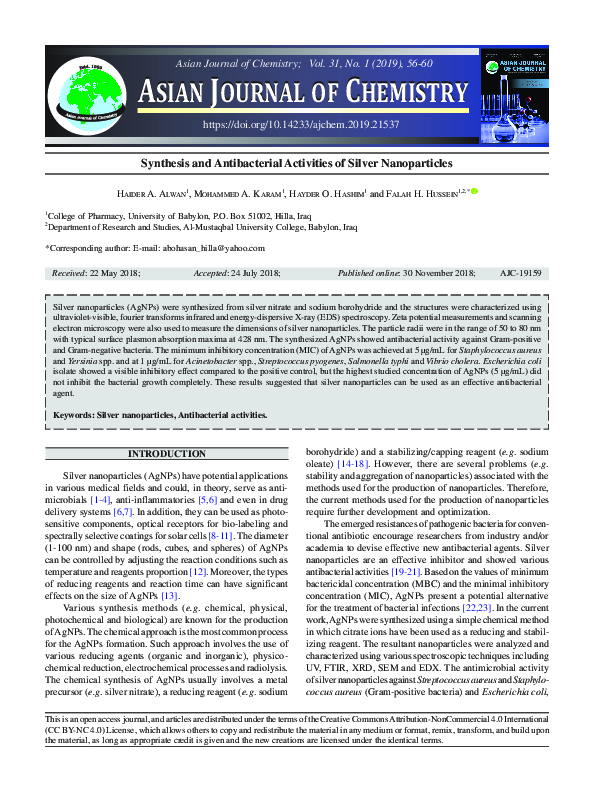 (PDF) Synthesis and Antibacterial Activities of Silver Nanoparticles