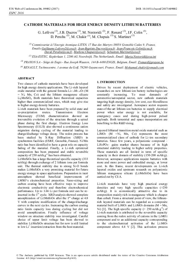 (PDF) Cathode Materials for High Energy Density Lithium Batteries