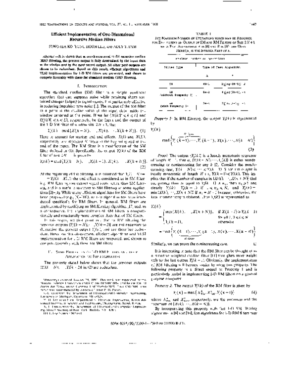 (PDF) Efficient implementation of one-dimensional recursive median filters