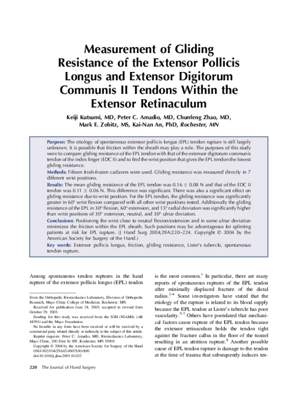 (PDF) Measurement of gliding resistance of the extensor pollicis longus ...