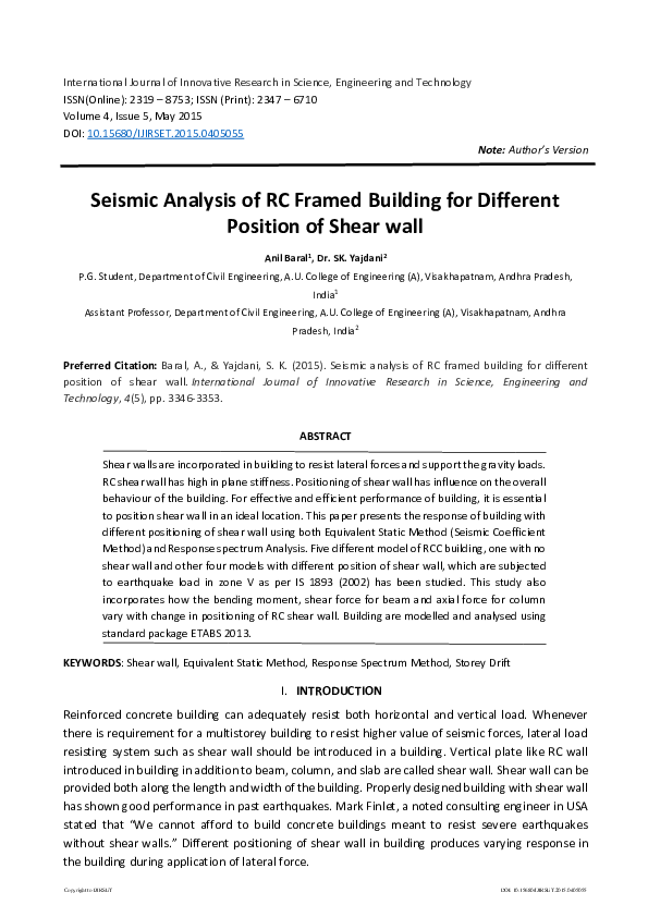 (PDF) Seismic Analysis of RC Framed Building for Different Position of ...
