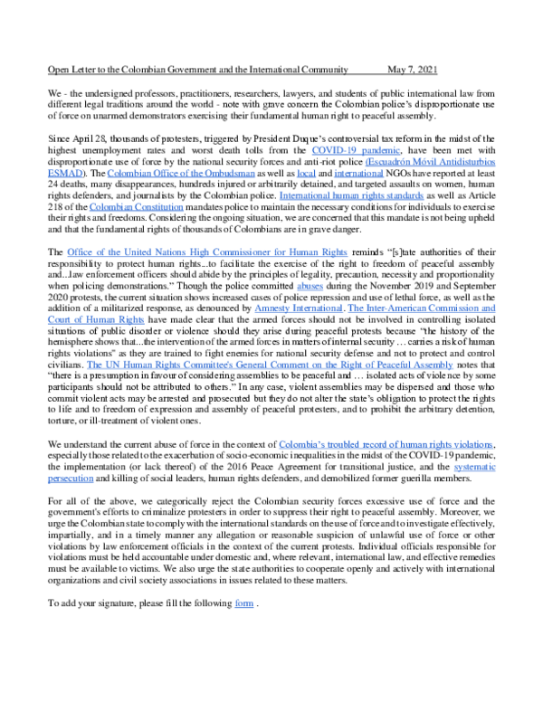 (PDF) Open Letter on Protests and Human Rights Protections in Colombia