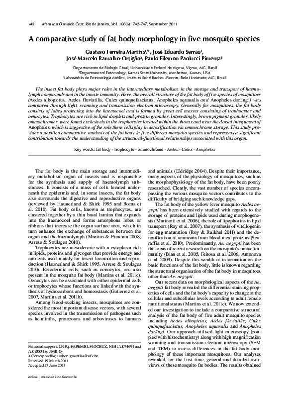 (PDF) A comparative study of fat body morphology in five mosquito species
