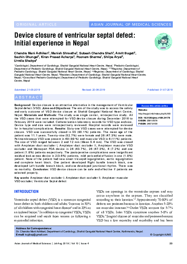 (PDF) Device closure of ventricular septal defect: Initial experience ...