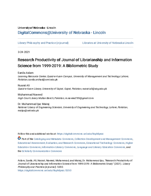 (PDF) Research productivity of journal of librarianship and information