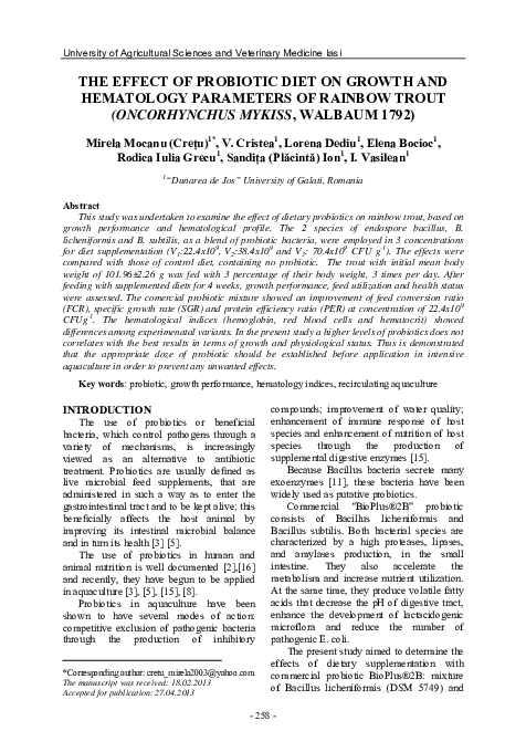 (PDF) The Effect of Probiotic Diet on Growth and Hematology Parameters ...