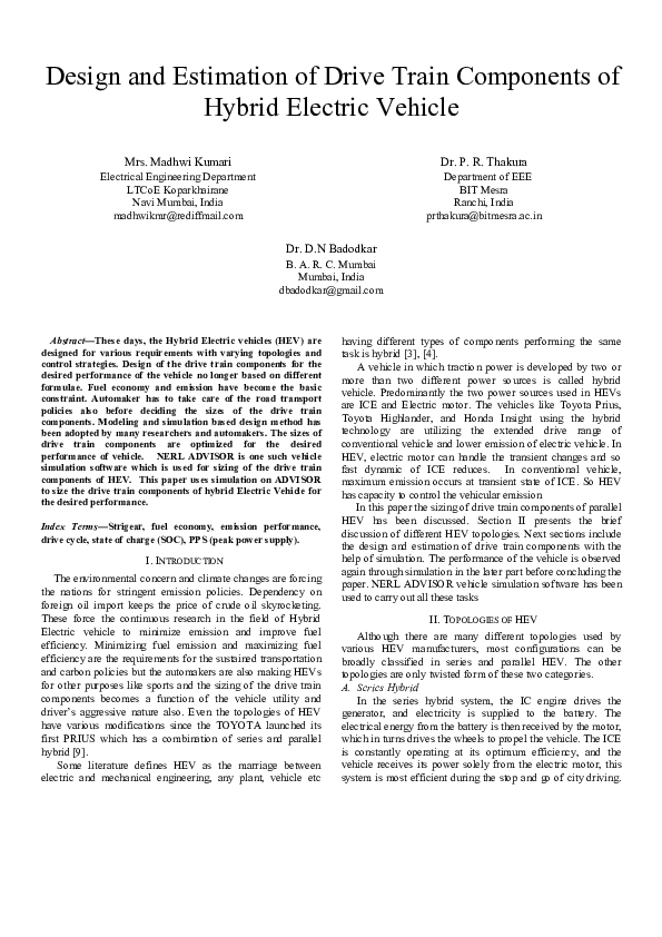 (PDF) Design and estimation of drive train components of Hybrid ...