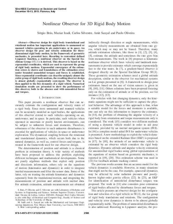 (PDF) Nonlinear observer for 3D rigid body motion