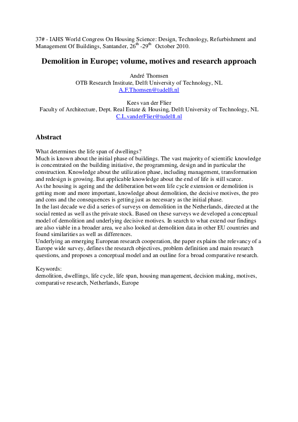 (PDF) Demolition in Europe: volume, motives and research approach