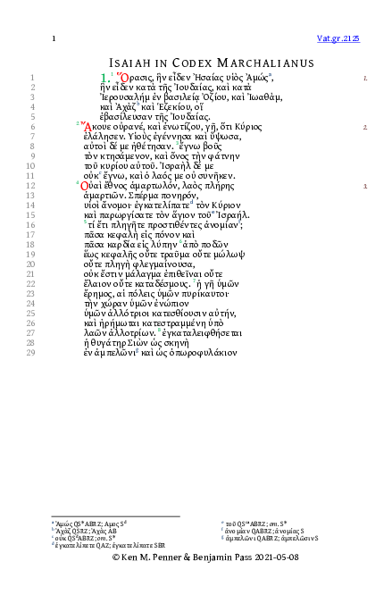 (PDF) Transcription of Old Greek Isaiah in Codex Marchalianus