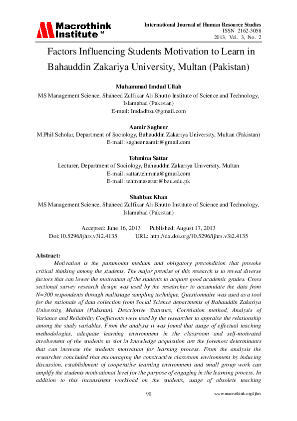 (PDF) Factors Influencing Students Motivation to Learn in Bahauddin ...