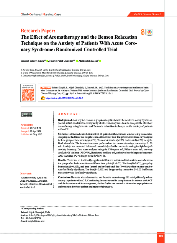 (PDF) The Effect of Aromatherapy and the Benson Relaxation Technique on ...