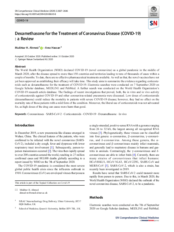 (PDF) Dexamethasone for the Treatment of Coronavirus Disease (COVID-19 ...