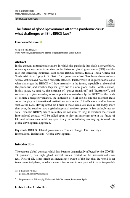 (PDF) The future of global governance after the pandemic crisis: what ...