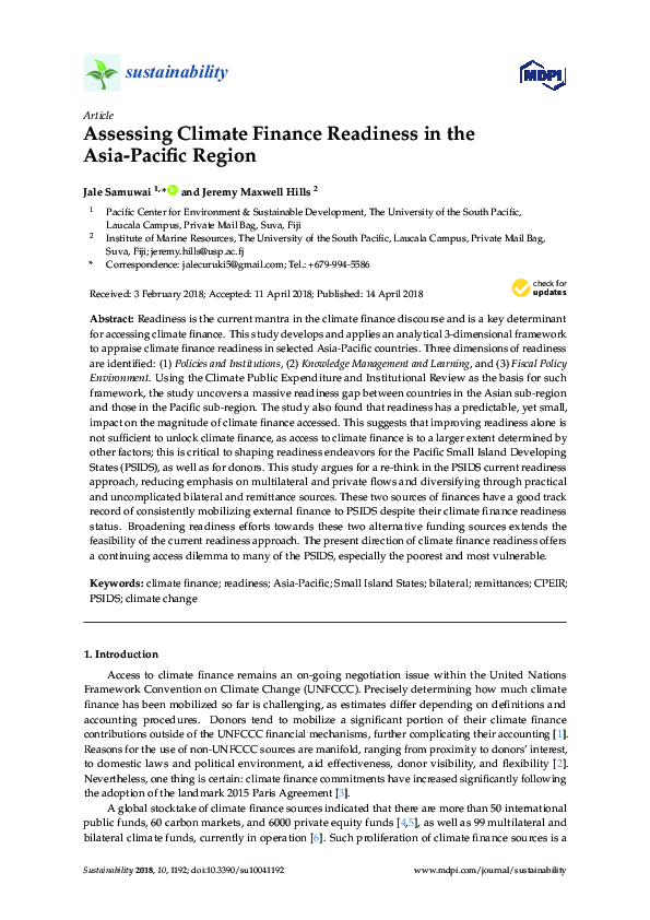 (PDF) Assessing Climate Finance Readiness in the Asia-Pacific Region