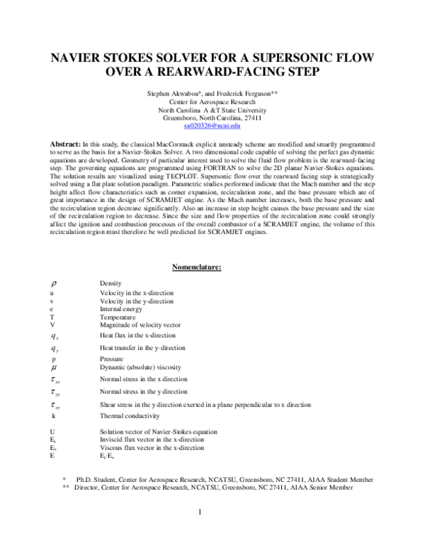 (PDF) Navier Stokes Solver for a Supersonic Flow Over a Rearward-Facing ...