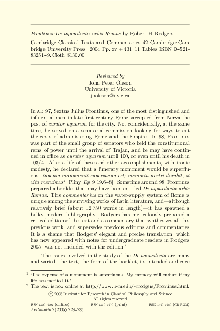 (PDF) Frontinus: De aquaeductu urbis Romae