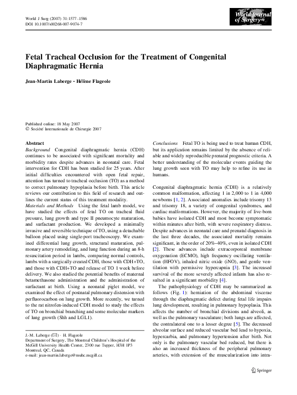 (PDF) Fetal Tracheal Occlusion for the Treatment of Congenital ...