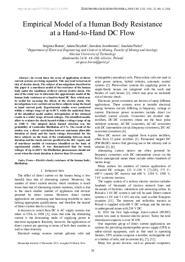 (PDF) Empirical Model of a Human Body Resistance at a HandToHand DC