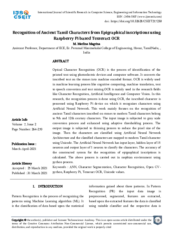 (PDF) Recognition of Ancient Tamil Characters from Epigraphical