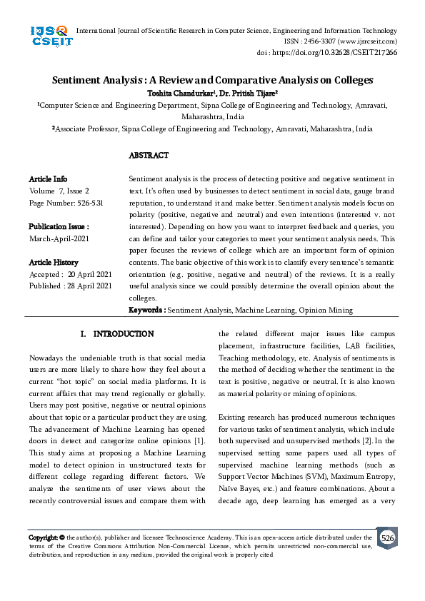 (PDF) Sentiment Analysis : A Review and Comparative Analysis on Colleges