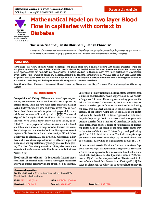 (PDF) Mathematical Model on two layer Blood Flow in capillaries with ...
