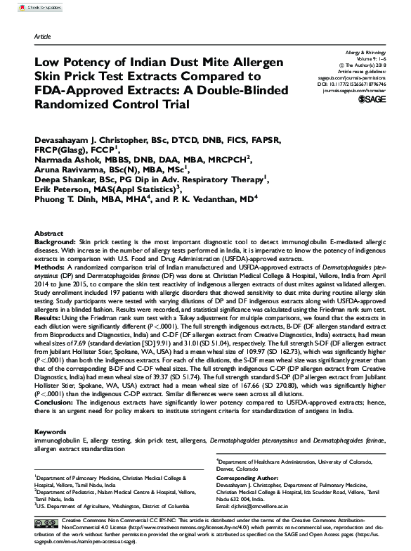 (PDF) Low Potency of Indian Dust Mite Allergen Skin Prick Test Extracts