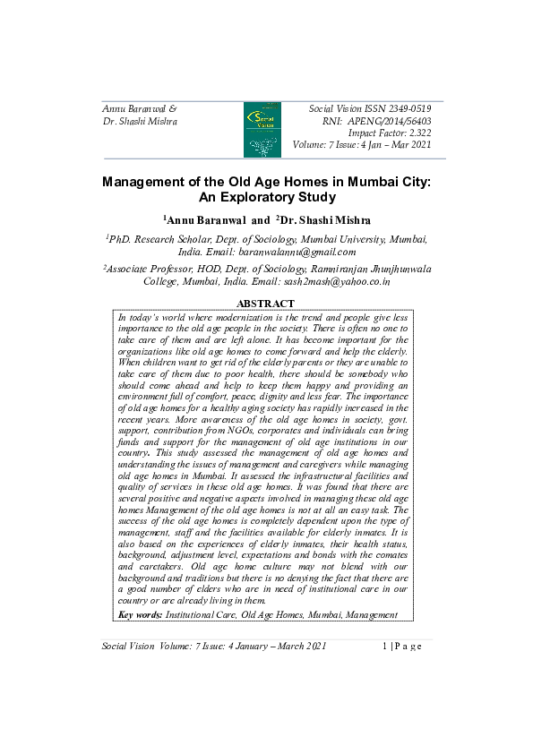 (PDF) Management of the Old Age Homes in Mumbai City An Exploratory