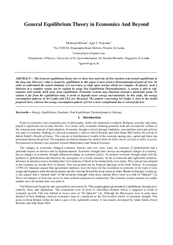 (PDF) General Equilibrium Theory in Economics And Beyond