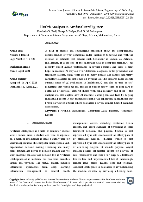 (PDF) Health Analysis in Artificial Intelligence International Journal of Scientific Research