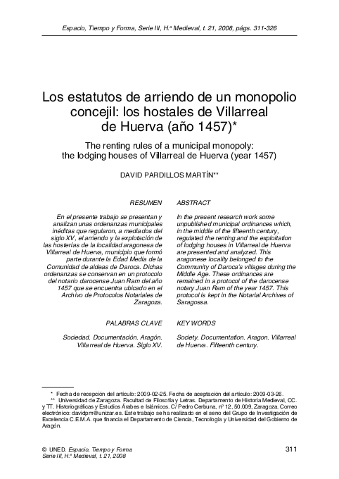 Los estatutos de arriendo de un monopolio concejil : los hostales de Villarreal de Huerva (año 1457)