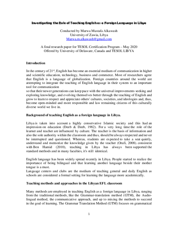 (PDF) Investigating the Role of Teaching English as a Foreign Language ...