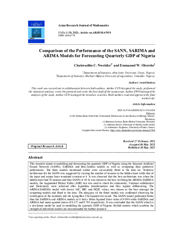 (PDF) Comparison of the Performance of the SANN, SARIMA and ARIMA ...