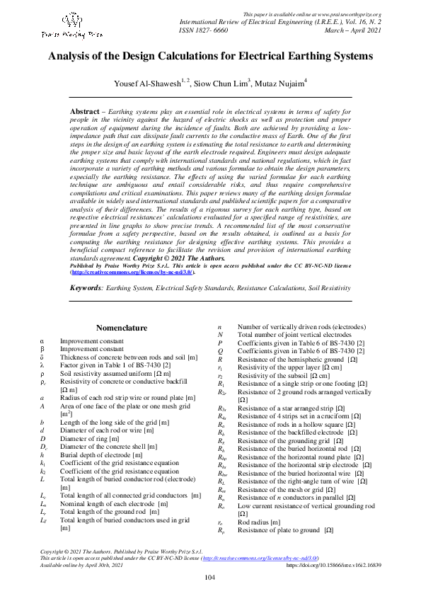 (PDF) Analysis of the Design Calculations for Electrical Earthing Systems