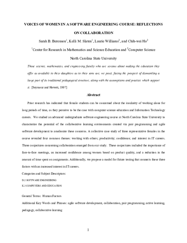 (PDF) Voices of women in a software engineering course: reflections on ...