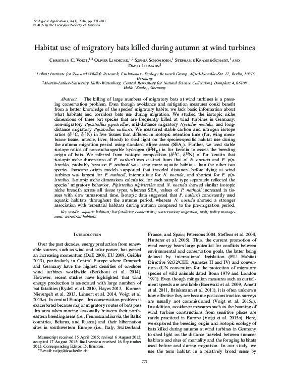 (PDF) Habitat use of migratory bats killed during autumn at wind turbines