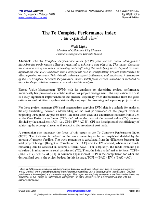(PDF) The To Complete Performance Index ...an expanded view