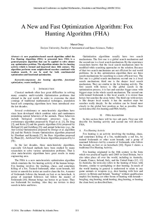 (PDF) A New and Fast Optimization Algorithm: Fox Hunting Algorithm (FHA)