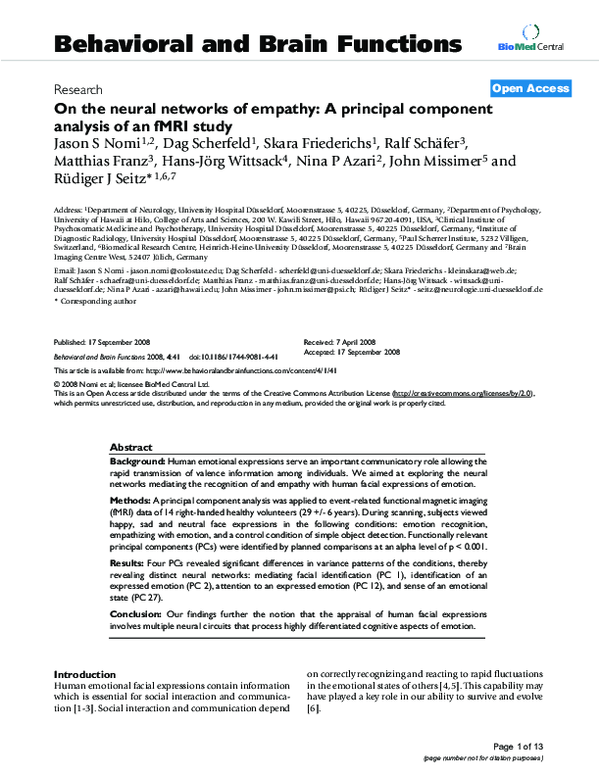 (PDF) On the neural networks of empathy: A principal component analysis ...