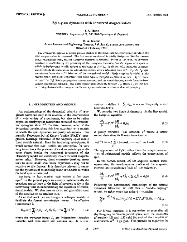 (PDF) Spinglass dynamics with conserved John Hertz