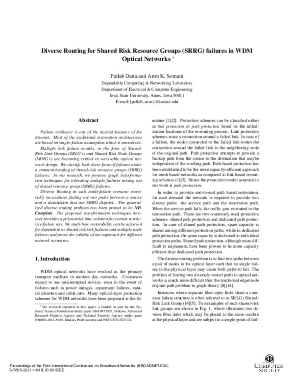 (PDF) Diverse routing for shared risk resource groups (SRRG) failures ...