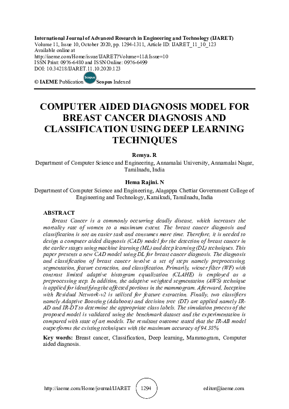 (PDF) COMPUTER AIDED DIAGNOSIS MODEL FOR BREAST CANCER DIAGNOSIS AND ...