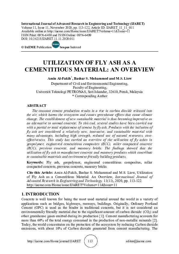 (PDF) UTILIZATION OF FLY ASH AS A CEMENTITIOUS MATERIAL: AN OVERVIEW