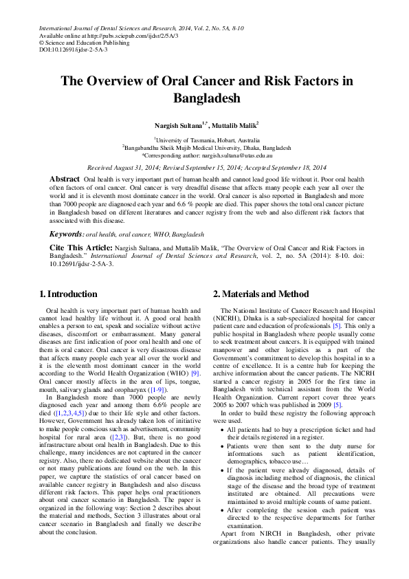 (PDF) The Overview of Oral Cancer and Risk Factors in Bangladesh