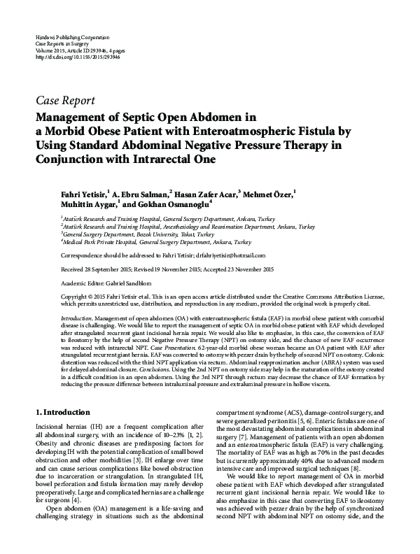 (PDF) Management of Septic Open Abdomen in a Morbid Obese Patient with ...