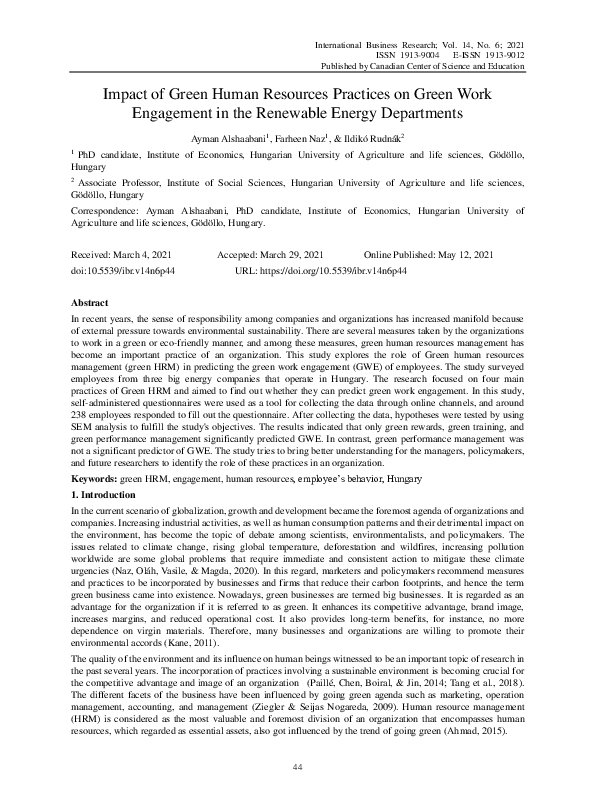 (PDF) Impact of Green Human Resources Practices on Green Work ...