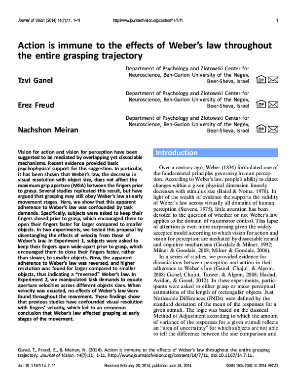 (PDF) Action is immune to the effects of Weber's law throughout the ...